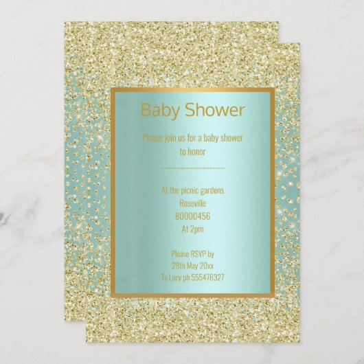 AQUA GREEN BLUE DIAMOND SPARKLE GOLD BABY SHOWER EINLADUNG (Vorne/Hinten)