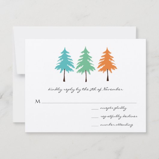 Aqua Green Coral Forest Pine Tree Wedding RSVP Karte (Vorderseite)