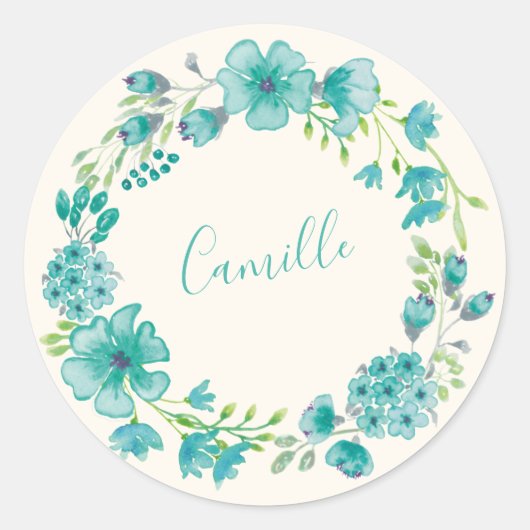 Aqua Green Floral Wreath Personalisiert Name Sprin Runder Aufkleber (Vorderseite)