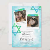 Aqua, Green, Glitzer Stars Bat Mitzvah Einladungen (Vorderseite)