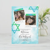 Aqua, Green, Glitzer Stars Bat Mitzvah Einladungen (Stehend Vorderseite)