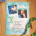 Aqua, Green, Glitzer Stars Bat Mitzvah Einladungen<br><div class="desc">Bat Mitzvah im Scrapbook-Stil mit türkisfarbenen,  aqua- und grünen Glitzer. Niedliche quadratische Fotos mit David-Kunstwerk auf zerknittertem Papier sind ein wunderschönes Vintages Aussehen für Ihre Geburtstagsfeier. Foto-Beschriftungen können in jede beliebige Wortwahl geändert werden. Lade deine Fotos einfach in die Fotorahmen hoch.</div>