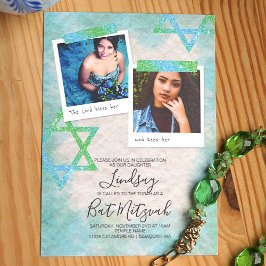 Aqua, Green, Glitzer Stars Bat Mitzvah Einladungen