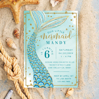 Aqua Green Gold Little Mermaid Geburtstagsempfehlu Einladung