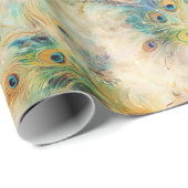 Aqua Green Gold Peacock Feathers Geschenkpapier (Rolleneckpunkt)