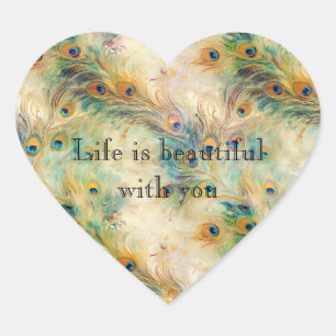 Aqua Green Gold Peacock Feathers Herz-Aufkleber