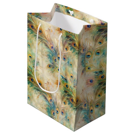 Aqua Green Gold Peacock Feathers Mittlere Geschenktüte (Vorderseite Schrägansicht)