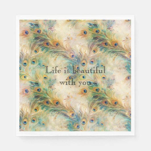 Aqua Green Gold Peacock Feathers Serviette (Vorderseite)