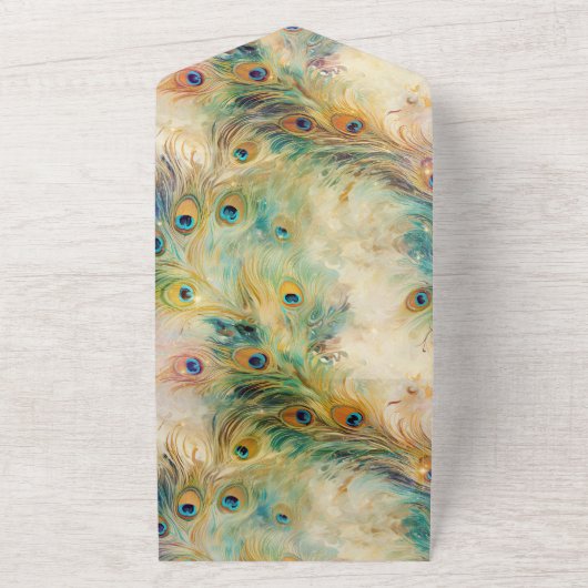 Aqua Green Gold Peacock Feathers Wedding All In One Einladung (Außenbereich)