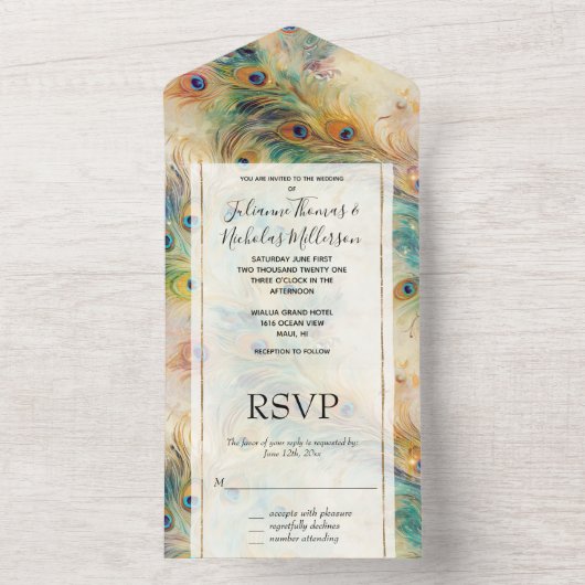 Aqua Green Gold Peacock Feathers Wedding All In One Einladung (Innen Boden)