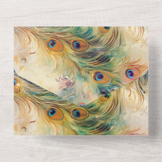 Aqua Green Gold Peacock Feathers Wedding All In One Einladung (Rückseite)