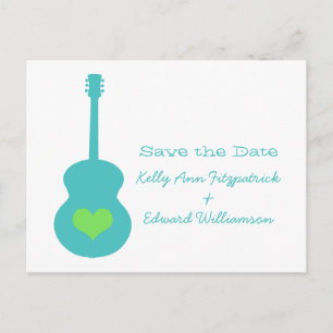 Aqua/Green Guitar Herz Save the Date Postcard Ankündigungspostkarte
