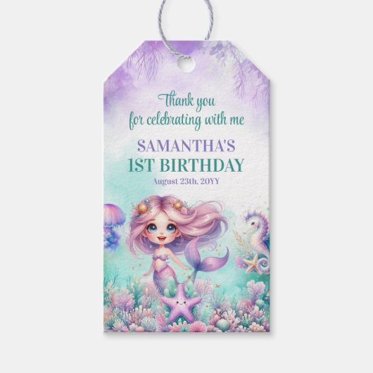 Aqua Green lila Kleine Meerjungfrau 1. Geburtstag Geschenkanhänger (Vorderseite)