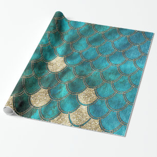 Aqua green Mermaidskales mit goldenem Glitzer Geschenkpapier