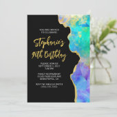 Aqua Green Multi Fire Opal Gold Glam 90. Geburtsta Einladung (Stehend Vorderseite)