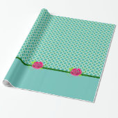Aqua & Green Polka Dot | Rosa Rose mit festem Band Geschenkpapier (Ungerollt)
