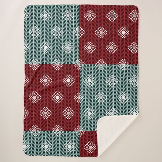 Aqua Green/Red Patchwork Sherpa Blanket Sherpadecke (Vorderseite)