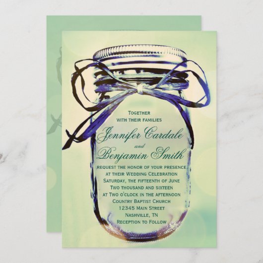 Aqua Green Rustic Mason Jar Wedding Einladungen (Vorne/Hinten)