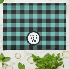 Aqua Green und Black Buffalo Kariert mit Monogram Geschirrtuch
