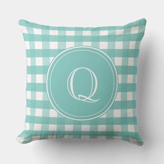 Aqua Green und White Gingham Monogram Kissen (Vorderseite)