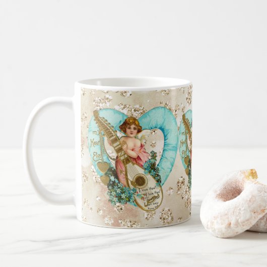 Aqua Heart Golden Cherub & Harp Bokeh Bling Kaffeetasse (Mit Donut)