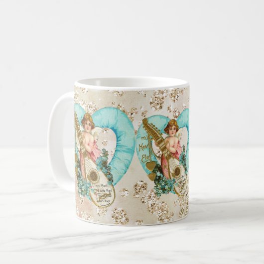 Aqua Heart Golden Cherub & Harp Bokeh Bling Kaffeetasse (Vorderseite Links)