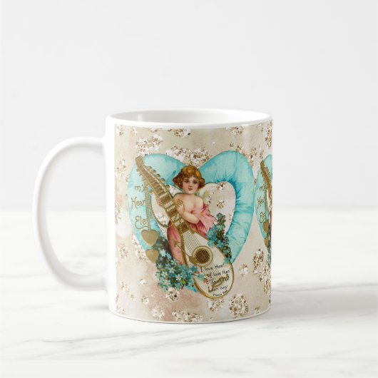 Aqua Heart Golden Cherub & Harp Bokeh Bling Kaffeetasse (Links)