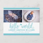 Aqua Hello World Foto Birth Stat Ankündigungspostkarte (Vorderseite)