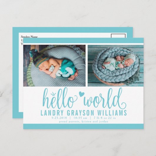 Aqua Hello World Foto Birth Stat Ankündigungspostkarte (Vorne/Hinten)