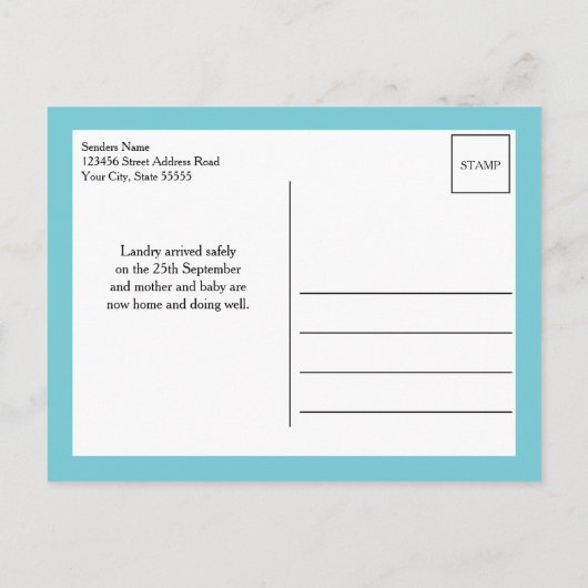 Aqua Hello World Foto Birth Stat Ankündigungspostkarte (Rückseite)