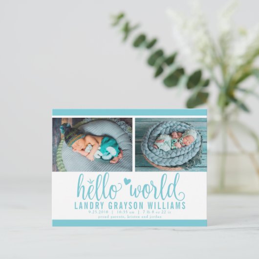 Aqua Hello World Foto Birth Stat Ankündigungspostkarte (Stehend Vorderseite)