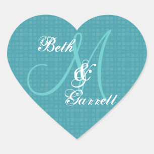 Aqua Hochzeits-Damask Monogramm Beliebiger Anfangs Herz-Aufkleber