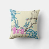 Aqua Hot Pink Birds Mrs Brides Pillow Kissen (Rückseite)