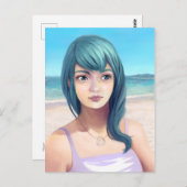 Aqua - Hübsches blauhaariges Mädchen am Strand Postkarte (Vorne/Hinten)
