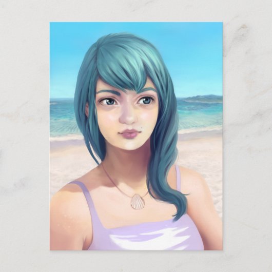 Aqua - Hübsches blauhaariges Mädchen am Strand Postkarte (Vorderseite)