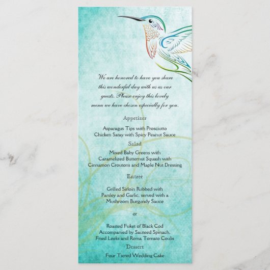 Aqua Hummingbird Watercolor Wedding Menu Menükarte (Vorderseite)