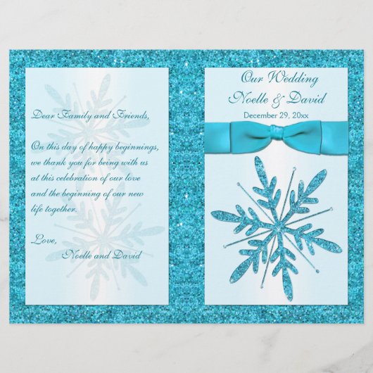 Aqua IMITATS Glitzer Snowflakes Hochzeitsprogramm (Vorderseite)