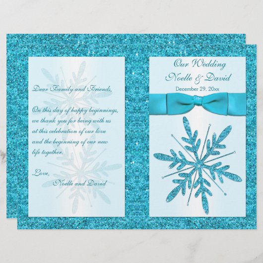 Aqua IMITATS Glitzer Snowflakes Hochzeitsprogramm (Vorne/Hinten)