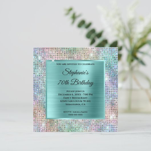 Aqua Iridescent Diamond Studded Foil 70. Geburtsta Einladung (Stehend Vorderseite)