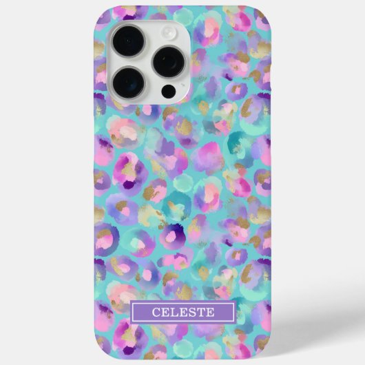 Aqua Iridescent Leopard Print Monogrammed Case-Mate iPhone Hülle (Rückseite)