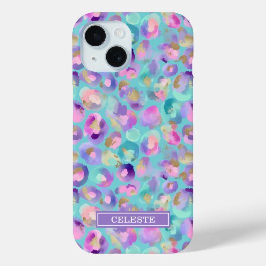 Aqua Iridescent Leopard Print Monogrammed Case-Mate iPhone Hülle (Rückseite)