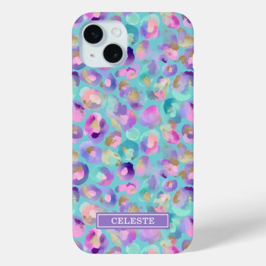 Aqua Iridescent Leopard Print Monogrammed Case-Mate iPhone Hülle (Rückseite)