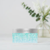 Aqua Iridescent Sparkle Bokeh mit gebürstetem Silb Visitenkarte (Stehend Vorderseite)