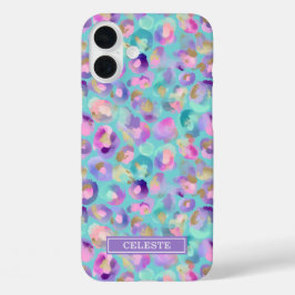 Aqua-Irideszenz-Leopardenprint monogrammiert iPhone 16 Plus Hülle