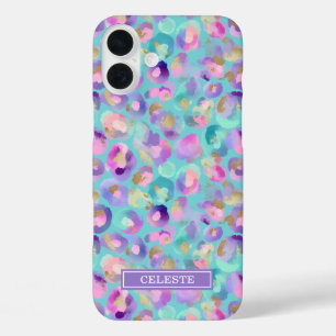 Aqua-Irideszenz-Leopardenprint monogrammiert iPhone 16 Plus Hülle