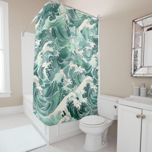 Aqua Japanese Ocean Waves Sea Pattern Duschvorhang (Beispiel)