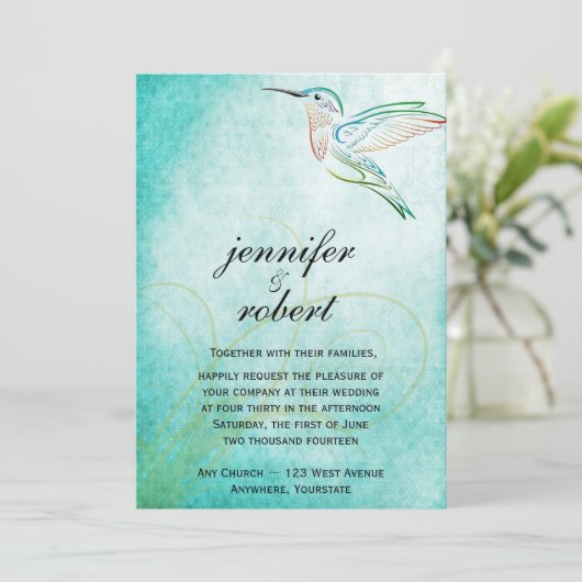 Aqua-Kolibri-Aquarell-Hochzeits-Einladung Einladung (Stehend Vorderseite)