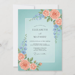 Aqua Korallen Blumen Romantische Hochzeit Einladung