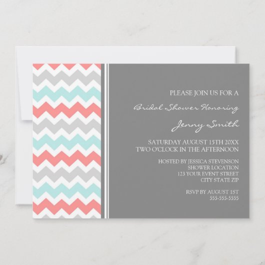 Aqua-korallenrote graue Zickzack Einladung (Rückseite)