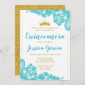 Aqua Lace und Glitzer Goldene Prinzessin Quinceañe Einladung (Vorne/Hinten)